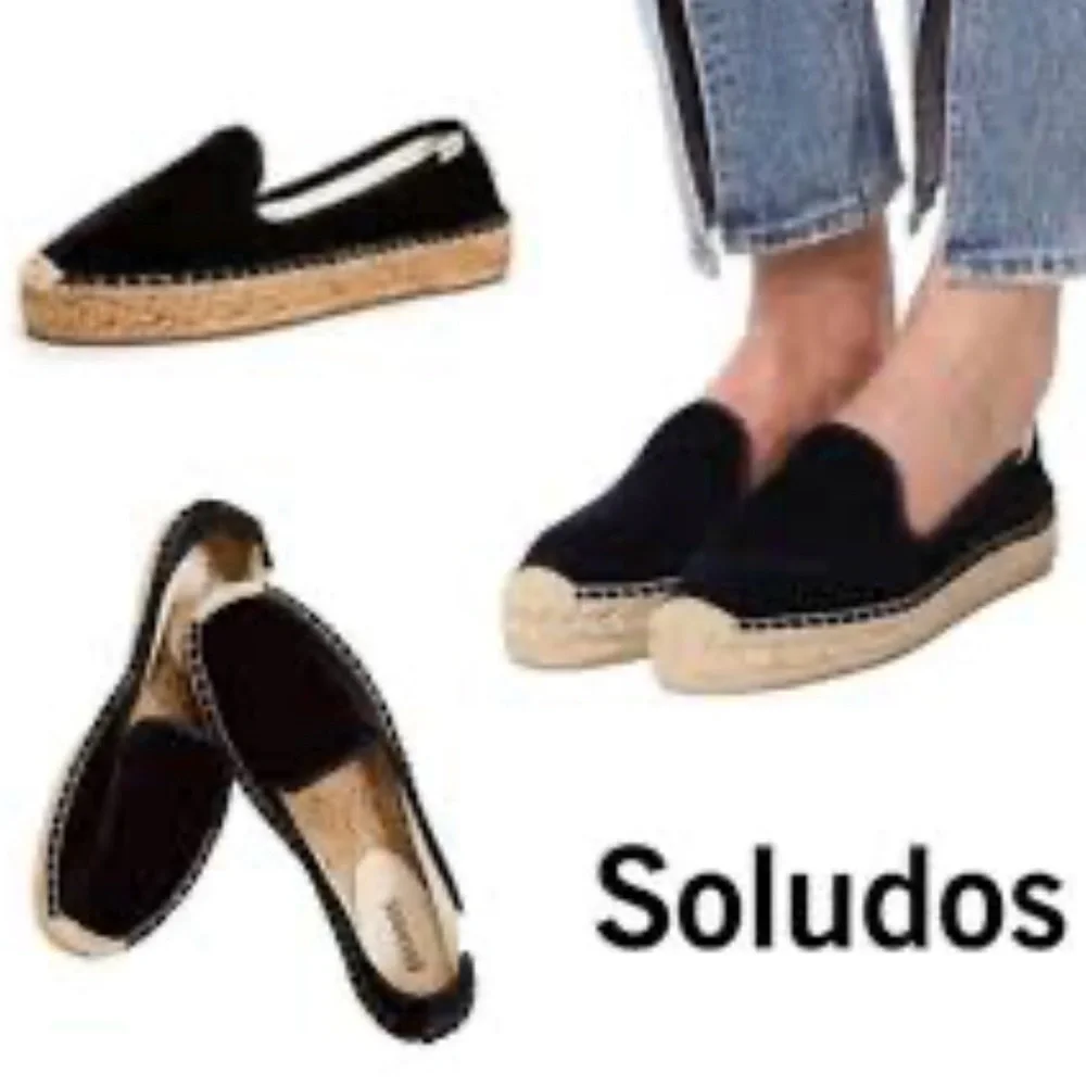 Soludos Leather Espadrille Platform Smoking Slipper Flat Size 8M‎ Black